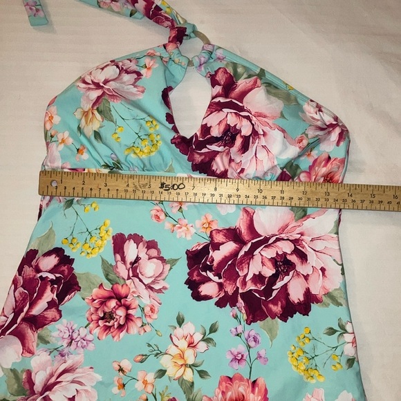 Size medium Blue and Green Floral Halter Sleeveless Tank swim bathing suit Top - Picture 7 of 10